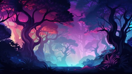 Obraz premium A mystical forest with glowing blue water and trees bathed in purple and pink light.