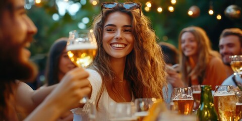 Celebratory Toast with Smiling Friends at a Bar