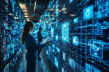 A team of researchers analyzing big data sets in a cloud computing environment. Concept of data-driven research.