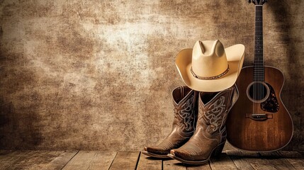 An acoustic guitar, cowboy hat, boots rest against a blank wooden plank grunge background, capturing the spirit of country music and rustic charm, ideal for creative projects, country-themed designs