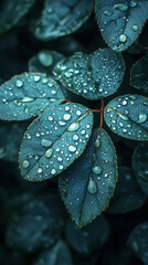 Obraz premium Vibrant Macro Photography of Wet Leaves and Water Droplets in Lush Greenery