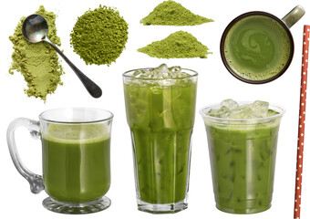 Matcha drink and powder collection - Ready to use Premium PNG Cutout isolated image.