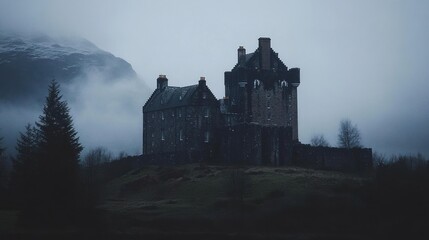 Obraz premium A dark, moody castle silhouette against a foggy landscape.