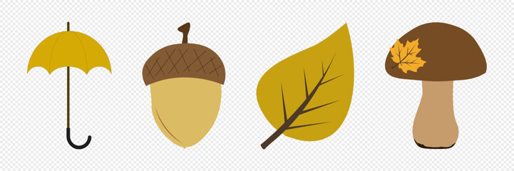 Autumn, cozy set Trees of leaves, and acorns. Vector illustration.