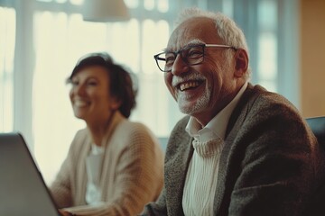 Obraz premium Senior Couple Engaged in Joyful Conversation While Working on a Laptop in a Cozy Home Office During the Afternoon Light