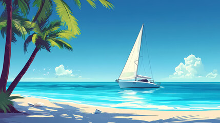 Fototapeta premium Yacht on the sea summer beach tableau, featuring a lone sailboat drifting on crystal clear waters swaying palm trees and a cloudless blue sky,. Crystal Clear Beach. Illustration