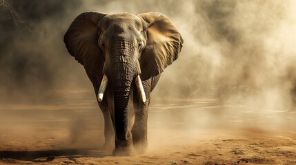 Obraz premium A majestic elephant stands amidst dust, conveying strength and grace as it makes its way through a serene, natural landscape.