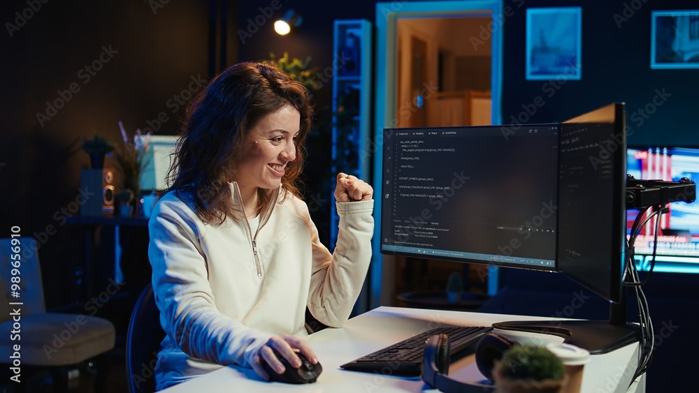 Poster joyous woman doing software quality assurance celebrating after reading source code and finding no e