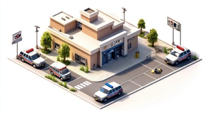 A police station with several patrol cars and trees, depicting a community safety environment.