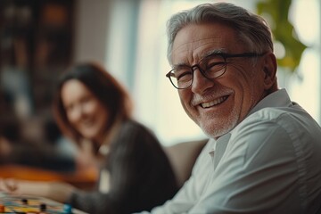An Elderly Man Enjoying a Joyful Moment With a Friend in a Cozy Indoor Setting During the Afternoon