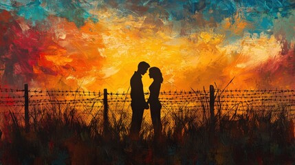 Couple holding hands through a fence, enduring love