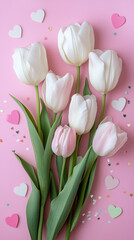 White Tulip Flowers with Hearts on Pink Background. Delicate tulips arranged on pink surface with heart confetti for romantic theme.
