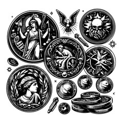 Ancient Coins in Black and White Illustration. Vector, generative ai.