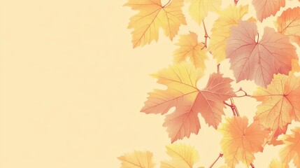 Fototapeta premium Serene Autumn Vineyard: Minimalist Vector Illustration of Yellow Leaves with Wine Theme on Pastel Background
