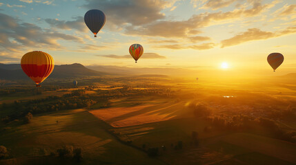 Hot Air Balloons Floating Over Fields at Sunrise. Colorful hot air balloons flying above countryside landscape during golden sunrise.