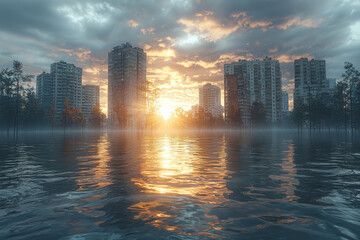 Fototapeta premium A flooded coastal city with buildings partially submerged in water. Concept of rising sea levels due to climate change.
