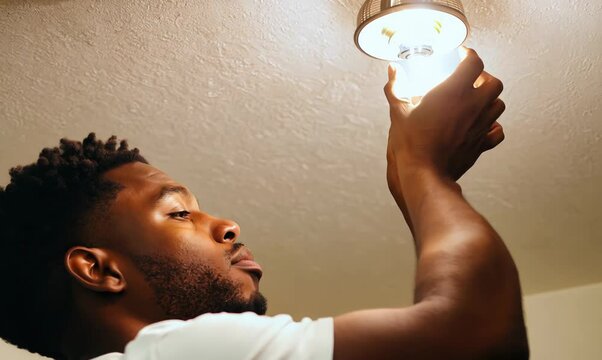 Puerto Rican Man Changing Light Bulb in Ceiling Fixture