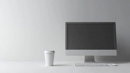 A minimalist workspace featuring a computer and a coffee cup on a clean desk.