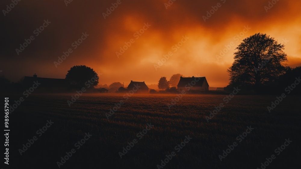 Wall mural A serene landscape at dusk with silhouetted houses and trees against a dramatic sky.