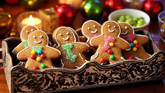 Smiling gingerbread men cookies decorated with colorful candies lying in a wooden box with christmas lights and ornaments in the background