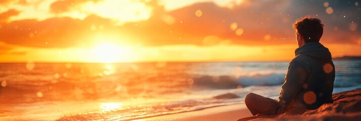 Fototapeta premium Serene Sunset by the Sea, an individual reflects on the horizon, waves softly lap at the shore under vibrant hues of twilight.