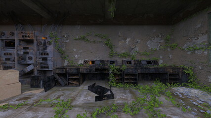 Obraz premium 廃墟の荒れた室内 3DCGレンダリング