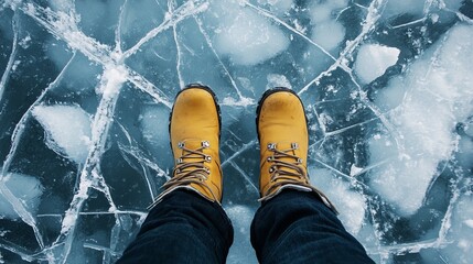 Legs of a person in yellow winter boots standing on the cracking ice of a lake, view from eye level down
