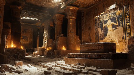 Interior of old pyramid or pharaoh's tomb with sarcophagus on stone, inside shot with sun rays, ancient tomb
