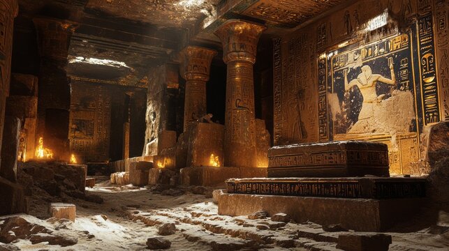 Interior of old pyramid or pharaoh's tomb with sarcophagus on stone, inside shot with sun rays, ancient tomb
