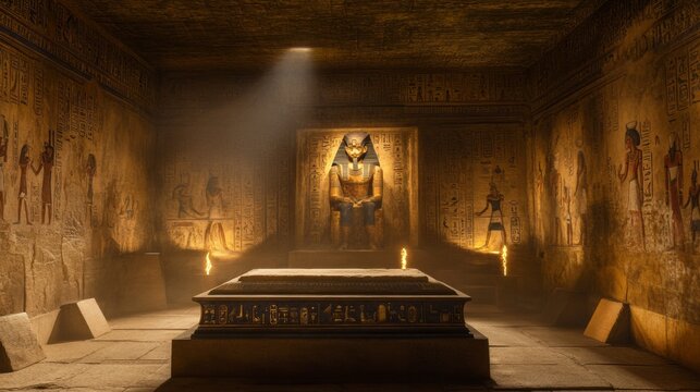 Interior of old pyramid or pharaoh's tomb with sarcophagus on stone, inside shot with sun rays, ancient tomb
