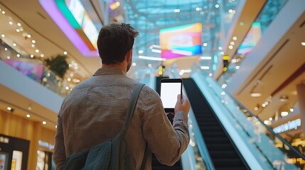 Obraz premium Man Using Smartphone on Escalator in Shopping Mall