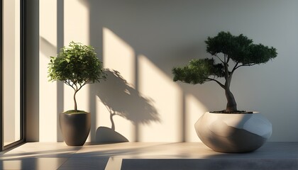 Tranquil contemporary home decor with potted plants creating serene shadows on the wall