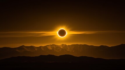 A breathtaking solar eclipse over majestic mountains during twilight.