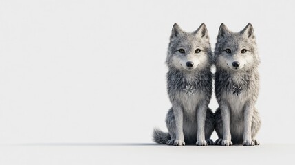 Fototapeta premium Two realistic wolves sitting side by side against a plain background.