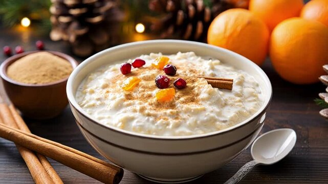 Rice porridge with cinnamon, cranberries, dried apricots and other ingredients is served in a bowl on a wooden table for a christmas breakfast