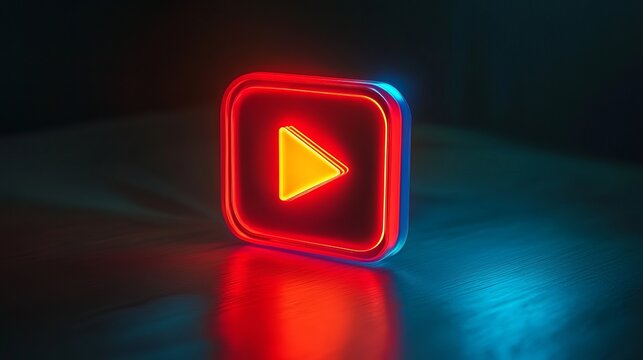 Glowing neon Play button on a dark background with space for text or inscriptions
 - Powered by Adobe