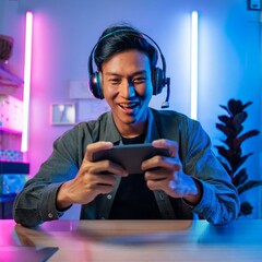 A joyful Asian gamer immersed in a vibrant neon-lit room competes in thrilling esports on his smartphone, streaming online at night, making the most of home quarantine entertainment.