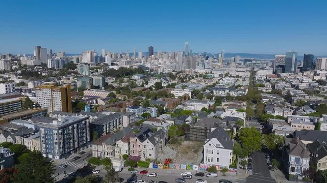 Aerial view of the Painted Ladies in San Francisco. It is the row of Victorian houses at Steiner. The houses were built between 1892 and 1896. Beautiful aerial view of San Francisco.