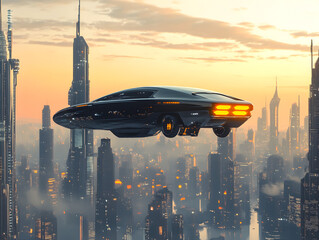 Futuristic flying car hovering above a minimalist cityscape.


