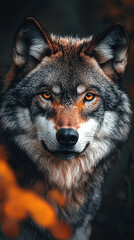 Obraz premium Majestic Gray Wolf Close-Up in Autumn Wilderness with Striking Features and Concentrated Gaze