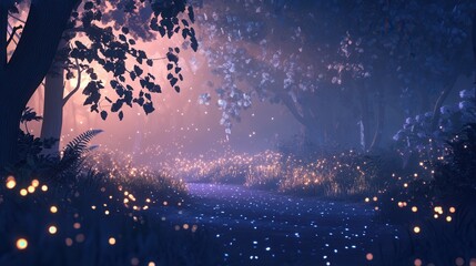 Naklejka premium Mystical Forest at Dusk with Sparkling Lights