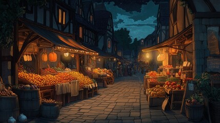 Naklejka premium Vibrant Night Market Scene with Stalls and Warm Lighting