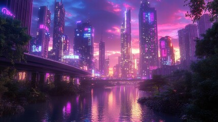 Obraz premium Vibrant Futuristic Cityscape at Dusk