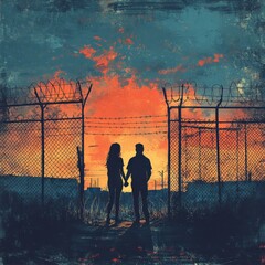 Couple holding hands through a fence, enduring love