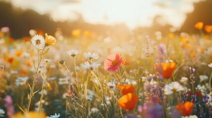 A vibrant field of wildflowers illuminated by sunlight, showcasing nature's beauty.