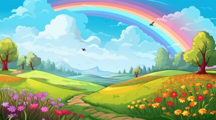 Fototapeta premium A Rainbow Arcs Over a Lush Green Valley with Wildflowers and a Winding Path