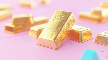 Financial Monitoring Concept: Gold Bars with Stock Market Graph Showing Price Trends on Pastel Background
