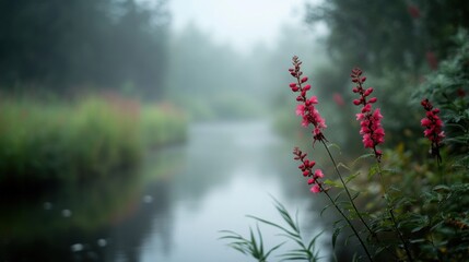 A serene landscape featuring pink flowers by a misty riverbank.