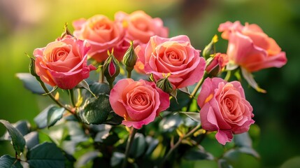 A vibrant bouquet of pink roses in a lush green setting, symbolizing beauty and love.