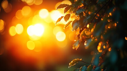 A close-up shot of sunlit leaves with water droplets, set against a glowing bokeh background, evoking warmth, nature, and serenity in a visually appealing manner.